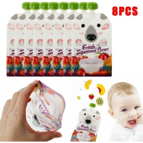 8PCS Squeeze Pouches Kids Baby Weaning Food Bag Cartoon Breast Milk Storage Bag Reusable Sealed Complementary Food Pouch Bag