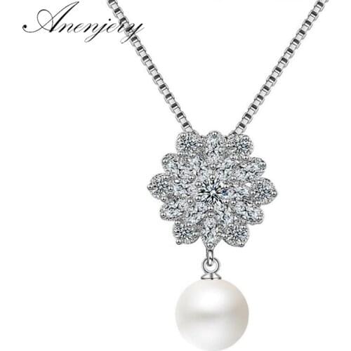ANENJERY 925 Sterling Silver Clavicle Chain Necklace Luxury Dazzling Zircon Snowflake Pearl Pendant Necklace S-N202