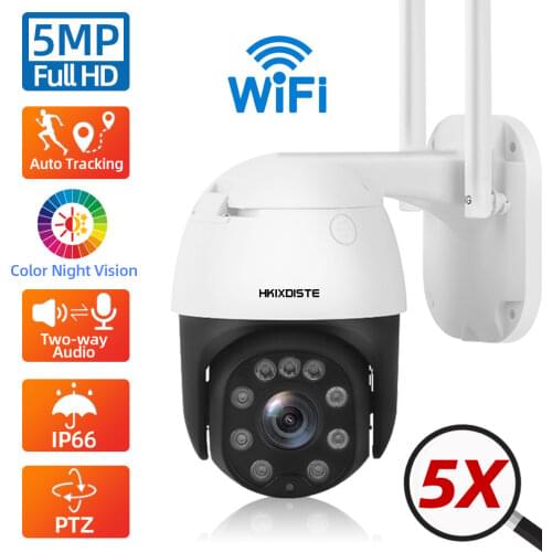 Wireless Wifi Security IP Camera 5MP PTZ Auto Tracking 5MP HD 5X Optical Zoom Outdoor Color Night CCTV Surveillance Camera 1080P