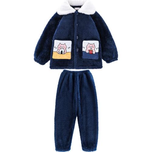 Kids Boys Clothing Children Girls Winter Flannel Pajama Sets Baby Cartoon Long Sleeve Lapel Tops With Pants Sleeping Teen Suit