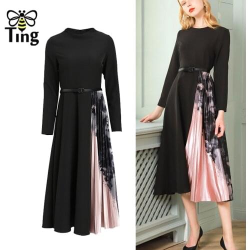 Tingfly Designer Vintage Elegant Pleated Printing A Line Dress Party Dinner A Line Dresses Retro Black Women Office Work Robes