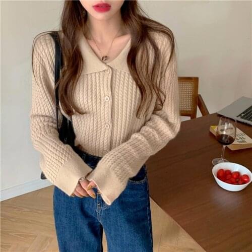 Twist lapel knitted cardigan women 2021 autumn and winter retro loose single-breasted outer wear sweater