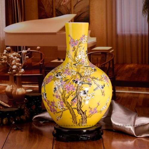 Jingdezhen famille rose ceramic yellow vase with bird and plum blossom design for hom decoration