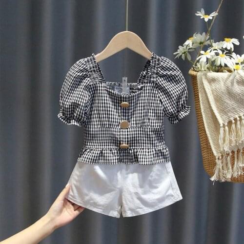 2021 Summer Girls 2 Pcs Set Plaid Blouse + Shorts Kids Suits Children Streetwear Clothes Baby Girls Fashion Clothing Suit I35