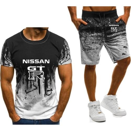 New 2021 Mens short sleeve GTR Car Logo Printed Gradient High Quality Cotton O-neck Mens T-Shirt Pants Suit 2Pcs