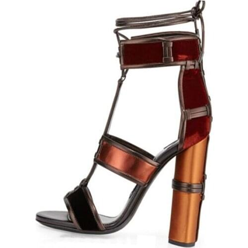 Newest Women Lace Up Gladiator Sandals Patchwork Denims Ankle Wrap High Heels Shoes Thick Heels Women Pumps Shoes Top Quality