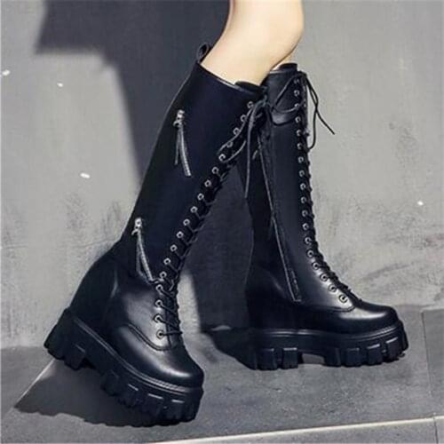Autumn Winter Warm Chunky Platform Long Boots Women Fashion Lace Up PU Leather Knee High Boots Woman Height Increasing Zip Botas