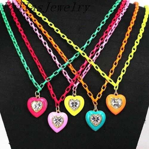 5Pcs Crystal Enamel Heart Necklace For Women Gold Color Oil Drop Link Chain Choker Charms