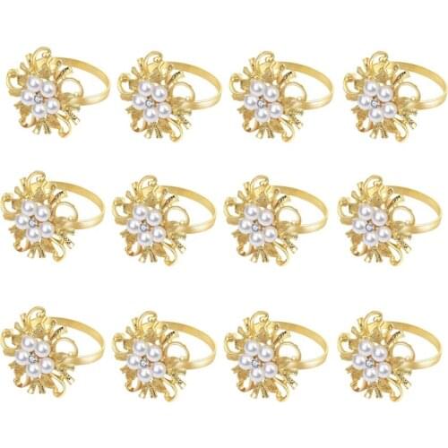 Pearl Flower Rhinestone Napkin Rings,Gold Napkin Serviette Buckle Holder for Wedding Party Dinner Table Decor(12 PCS)