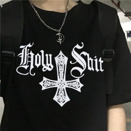 Mall Goth Womens T-Shirt Aesthetic Cross Print Black Rib Summer Clothes 2021 Cyber Y2k Emo T-Shirt Gothic Dark Streetwear Top