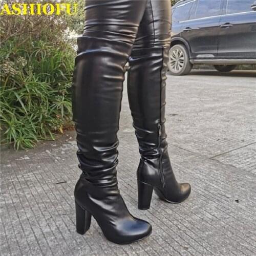 ASHIOFU 2020 Real Pictures Women Chunky Heel Boots Party Prom Knee-high Boots Round-toe Winter Evening Fashion Boots Shoes
