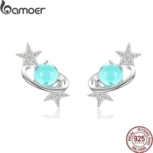 Bamoer Blue Planet with Star Stud Earrings for Women Authentic 925 Sterling Silver Design Universe Fashion Jewelry SCE701