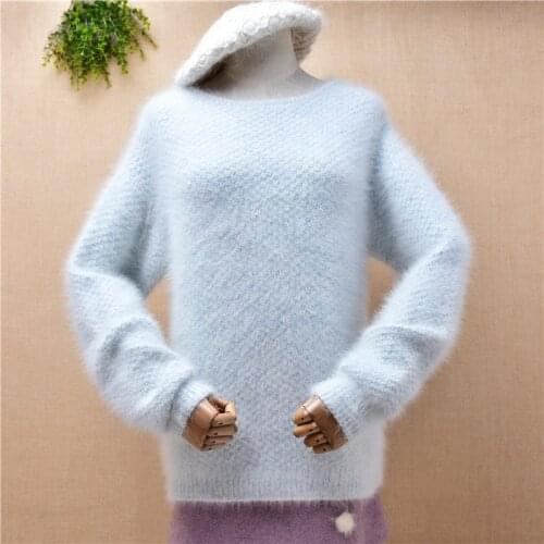 Ladies women fashion sky blue hairy mink cashmere knitted o-neck slim blouses pullover angora fur winter jumper sweater pull top
