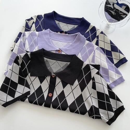 Retro Y2K Argyle Knitted Cardigan Women 2021 Summer Fashion Polo Neck Single Breasted Preppy Style Causal Short Sleeve Crop Top