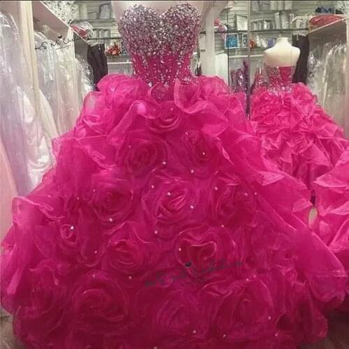 Sweet 16 Dresses Puffy Luxury Fushcia Ball Gown Quinceanera Dresses 2020 Vestido de Debutante Para 15 anos Crystals Dress for 15