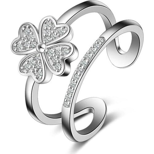 Womens Classic Elegant Four Leaf Clover Inlaid AAA Zircon Double Layer Open Style Ring Adjustable Fashion Jewelry R0133