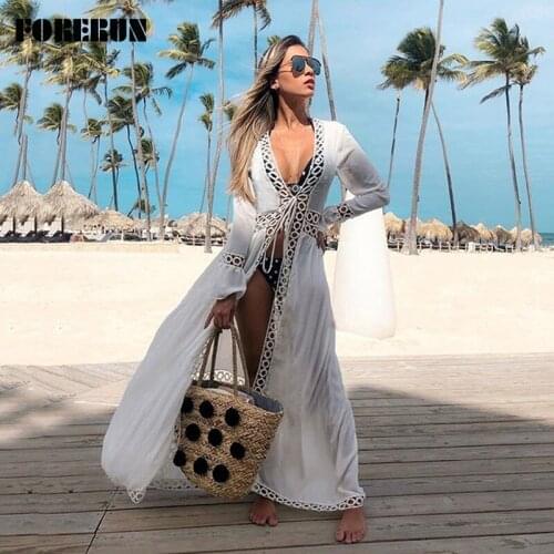 FORERUN Women White Beach Dress Summer Lace Crochet Cover Up Long Maxi Pareo Sexy Deep V Neck Wrap Pareos De Playa Mujer Robe