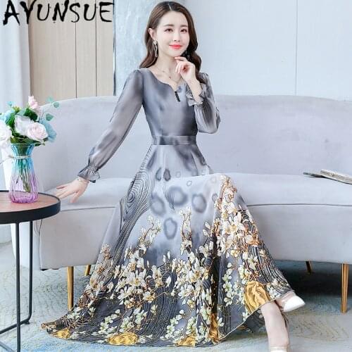 AYUNSUE Spring Summer Silk Floral Dress Women Elegant Long Dresses for Women Party Boho Beach Dress Long Sleeve Vestidos KJ6589