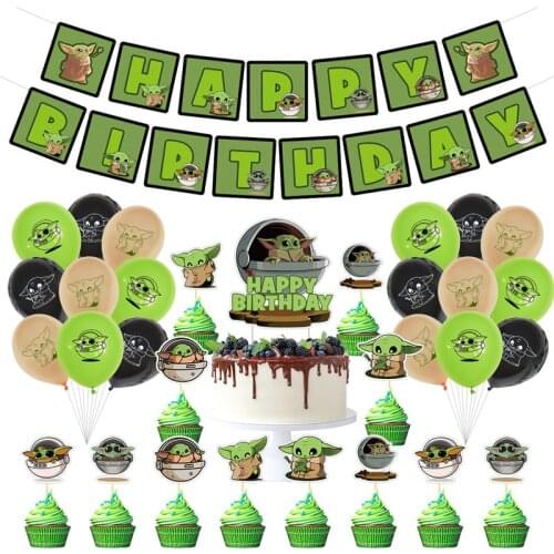 1Set Star Wars Balloons Green Baby Yoda Warrior Happy Birthday Banner Cake Topper Baby Shower Boys Birthday Party Decorations