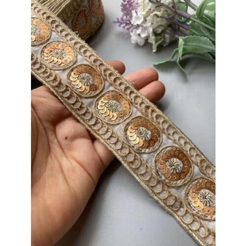 2 Yards Ethnic 43mm Gold Thread Sequins African Lace Trims Geometric Lace Ribbon DIY Sewing Dress Decoration Bridal Lace New Hot
