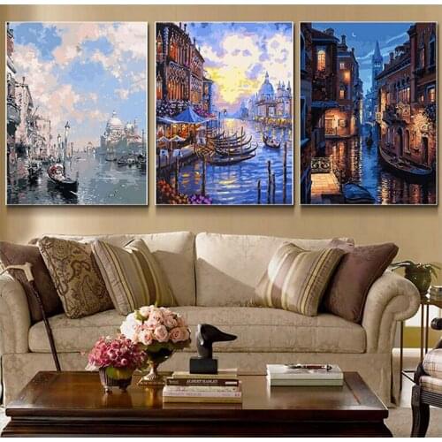 5D Diamond Painting 3pcs town river landscape Cross Stitch Kits Full diamond Embroidery mosaic wedding Decoration ArtsZP-2345