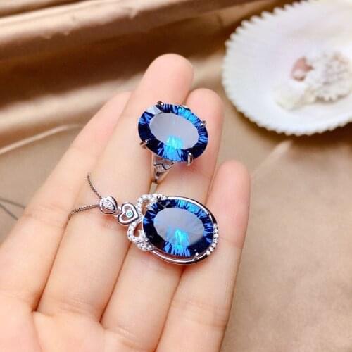 925 Sterling Silver Jewelry Sets for Women Gemstone Kyanite Ring Pendant Necklace Women Wedding Engagement Jewelry with Box Gift