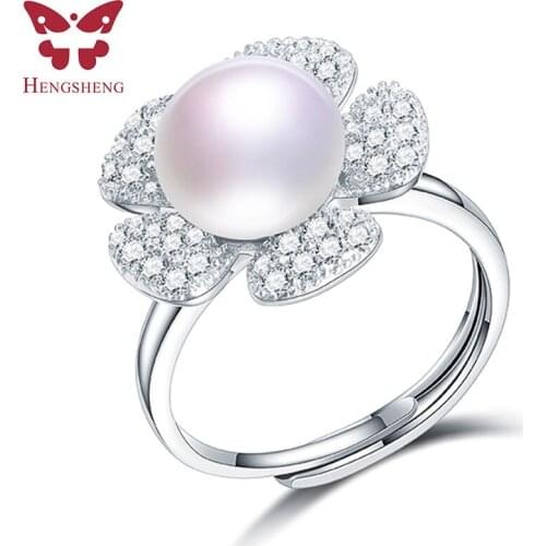 Big 10-11mm 100% Genuine Natural Freshwater Pearl Ring, Authentic 925 Sterling Silver Big cz Flower Adjustable Ring For Women