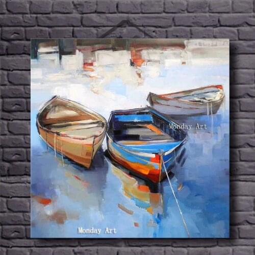 Large Hand Painted modern Boat Sea Beach Oil Painting On Canvas Abstract Seascape Picture Wall Art for Living Room Home Decor