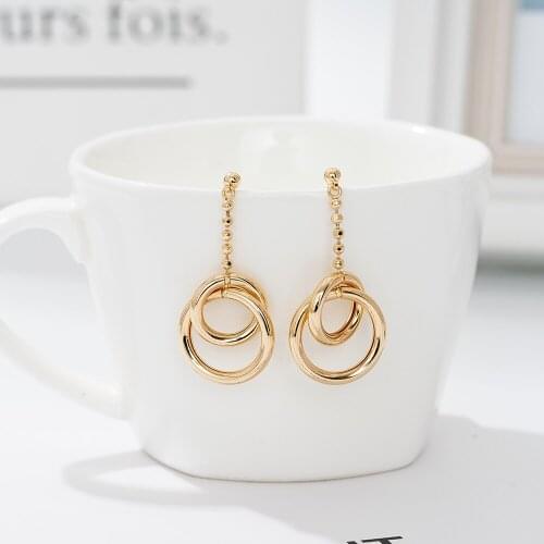 Jaeeyin 2021 Fashion New Arrivals Gold Color 2 Circles Dangle Drop Rhinestone Chain Stud Earrings Trendy Jewelry Gift For Women