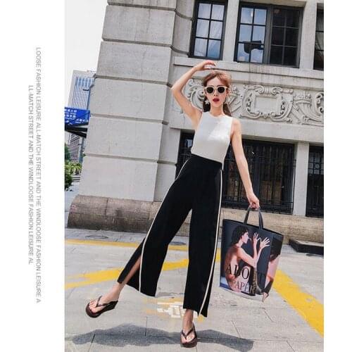 Black Split Wide Women Trousers High Elastic Waist Women Pants Women Casual Loose Pants Trousers Pants with Pockets Plus Size