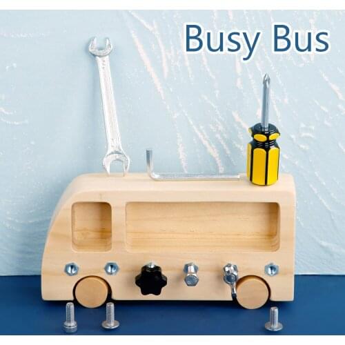 Montessori Busy Bus Activity Busy Board Wooden Screw Driver Game Basic Lift Skill Early Learning Toy Simulation Repair Tool