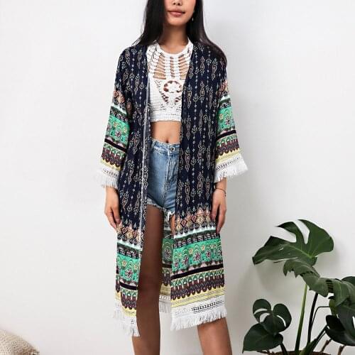 Tassel Long Kimono Enthic Print Loose Cardigan Summer Coat Fashion Casual Beachwear Holiday Beach Blouse Green 2021 New