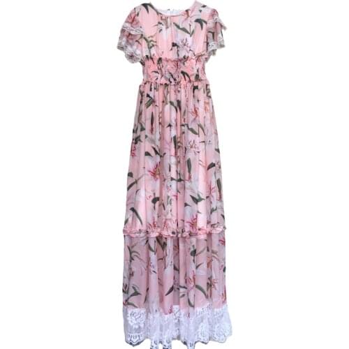Large Lily printing silk Full Floor-Length High Quality Long sleeve Flowers Elegant maxi long dress Seaside holiday party dress