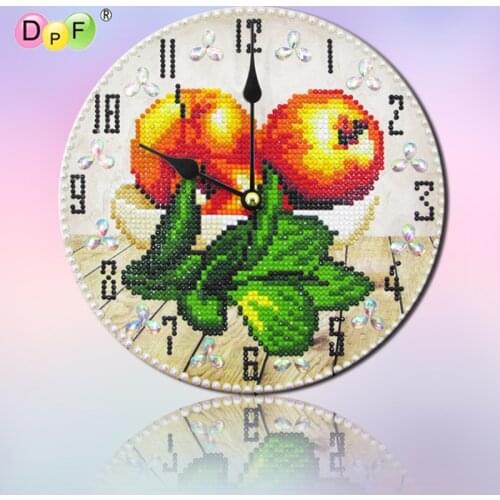 DPF 5D Round Diamond Embroidery Needlework wall clock yellow fruit diamond Mosaic clock full Diamond painting Cross Stitch decor