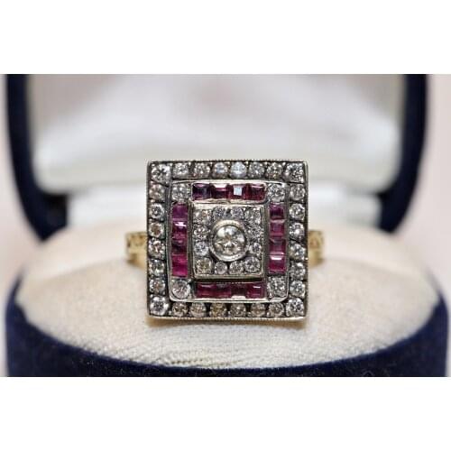 Art Deco Style New Made 14k Gold Natural Diamond And Caliber Ruby Decorated Handmade Strong Ring