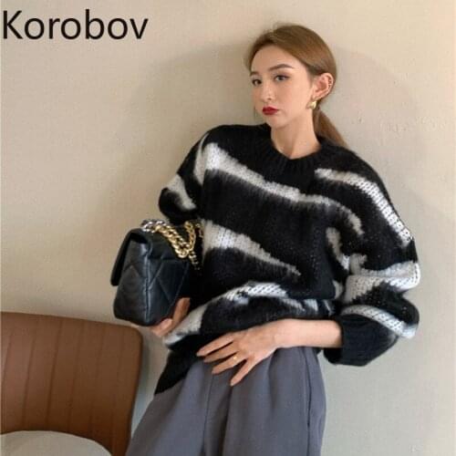 Korobov Korean Vintage Hit Color Women Sweaters 2020 New Chic O Neck Long Sleeve Sueter Mujer Autumn Winter Zebra Pullovers