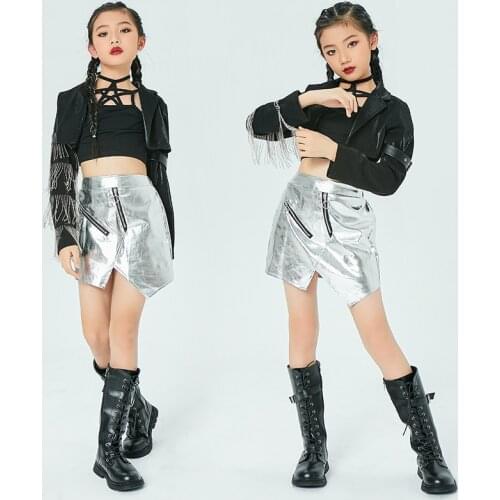 Jazz Costume Fringe Jacket Silver Skirt Girls Hip Hop Performance Clothing Stage Outfit Kids Modern Street Dance Wear DNV14322