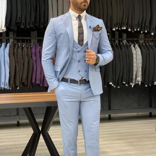 Handsome Mens Coat Pants Suits Light Sky Two Button Wedding Tailored Party Prom Business Blazer 3 Pieces