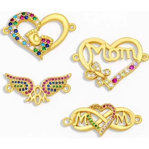 OCESRIO Rainbow CZ Stone Mama Mom Bracelet Charms for Jewelry Making Gold Heart Pendant Charms Jewelry Making Supplies chma025