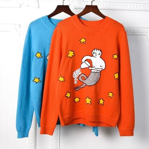 Autumn Winter Womens embroidery sweaters High quality 45%Wool pullovers sweater tops C674