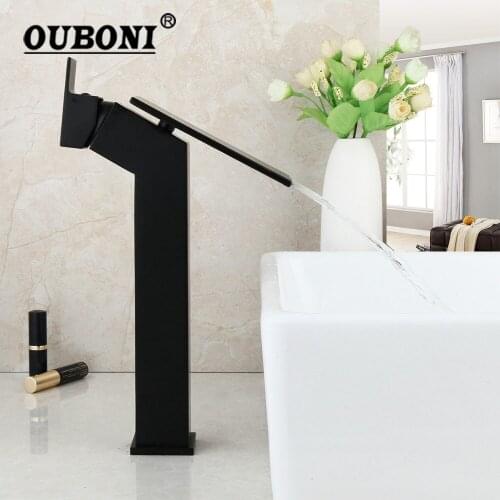 OUBONI Waterfall Bathroom Basin Faucet New Design Matte Black Counter Top Water Mixer Tap Solid Brass Wash Basin Sink Faucet