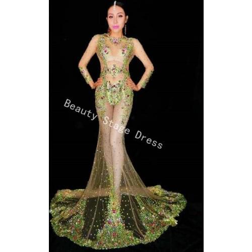 Multi-color Crystals Respective Long Train Dress Super luxurious Big Tail Dress Evening Costume Wedding Celebrate Dress