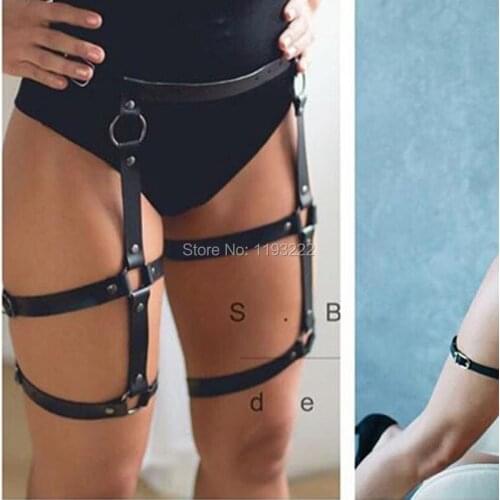 Sexy Handcrafted Leather Women Harness Waist Belt Leg Thigh High Suspenders Garter Belt Double Straps