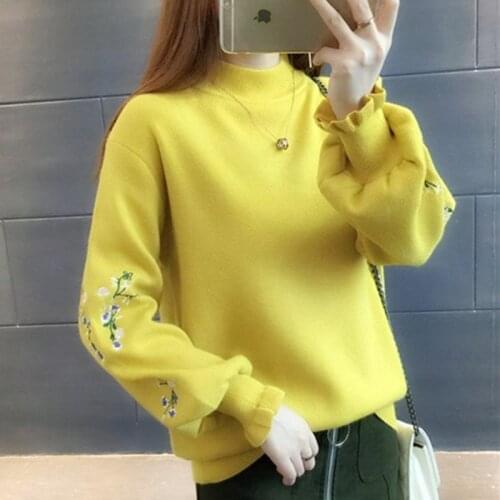 Half Turtleneck Sweater Womens Embroidered Pullover Knitting 2020 New Autumn Winter Loose Yellow Plus Size Clothes Female Tops