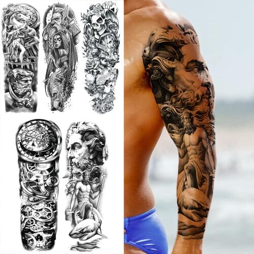 Christ God Shark Temporary Tattoo Sleeve For Men Women Realistic Fake Knight Nun Skull Tatoo Mechanical Full Arm Tattoo Sticker