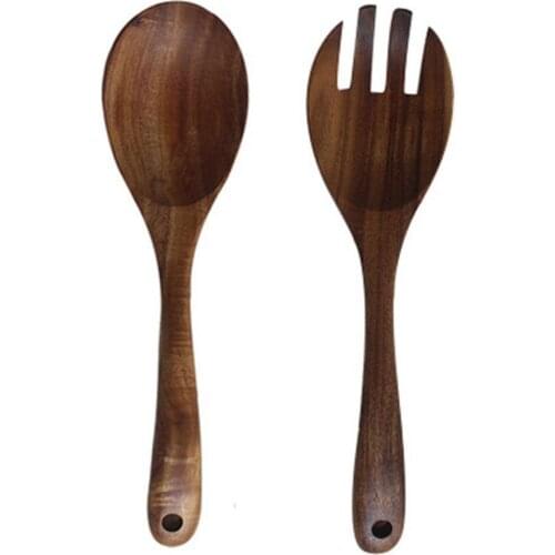 1Pcs Wooden Spoon Salad Fork Large Serving Spoon Set Long Ladle Spoon Handle Kitchen Server Utensils Wood Salad Soup Tablew K7A0