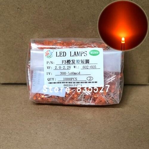 1000pcs/lot 3mm orange in the color DIP Round LED light emitting diode short legs For DIY lights LEDS Light Beads New F3