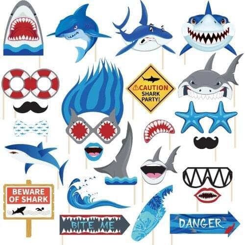 25pcs Cartoon Blue Shark Photobooth Props Party Decorations Baby Shower Photobooth Props Kids Happy Birthday Party Supplies