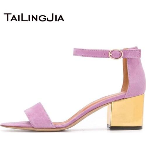 Ankle Strap Block Heel Summer Sandals 2020 for Women Party Footwear Purple Faux Suede Mid Chunky Heel Ladies Large Size Shoes