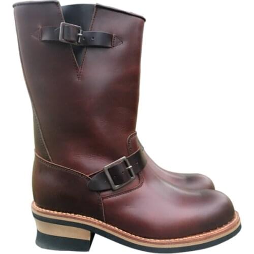 EB666 Mens Genuine Cow Leather Motorcycle High Heel Boot Cowhide Top Quality Goodyear Welted Trooper Engineer Boots